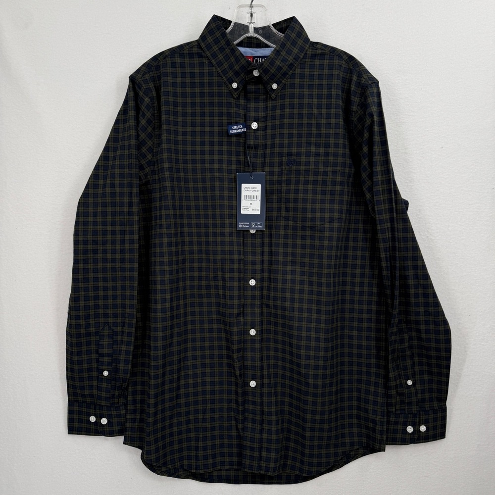 Chaps Button Down Shirt Mens Medium Dark Forest Green Plaid Stretch CM35LW900
